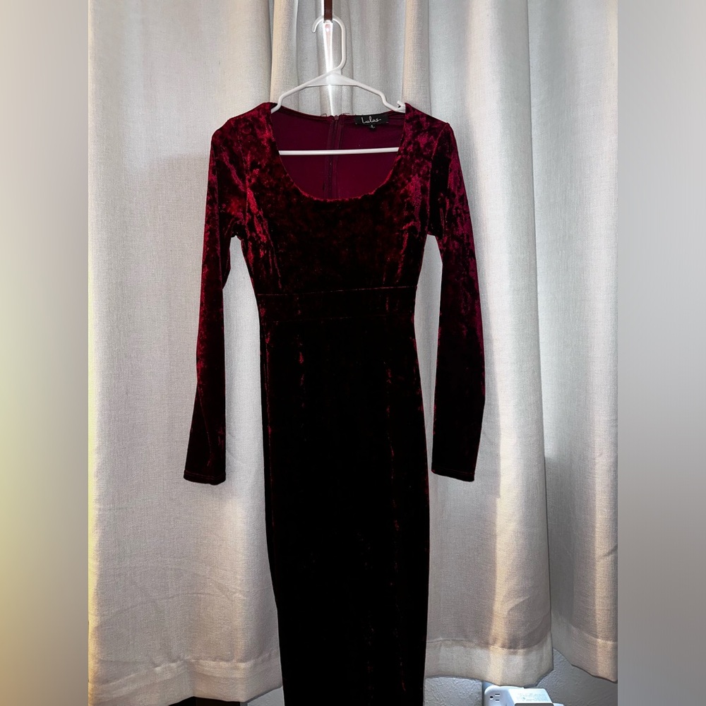 Cherish Me Wine Red Velvet Long Sleeve Bodycon Midi Dress - Size S - Picture 5 of 6